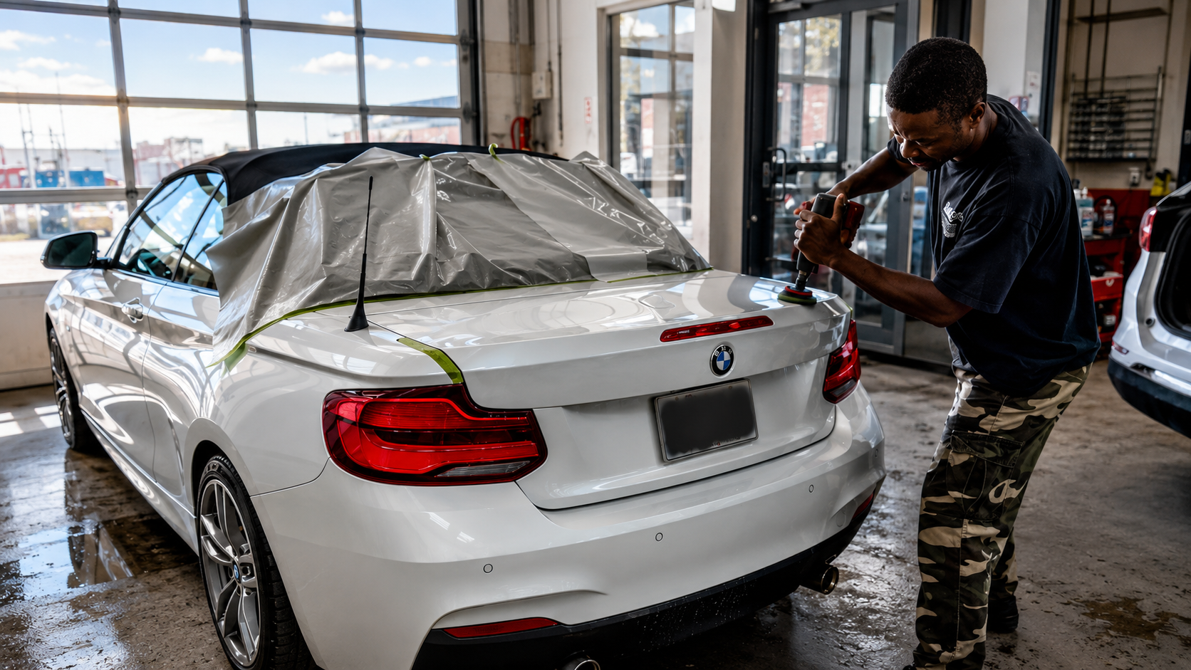 Technicien travaillant près d’une BMW dans l’atelier de Direct Auto Collision